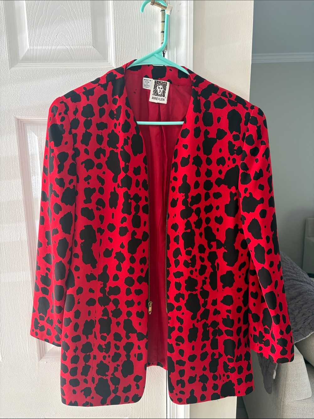Anne Klein Red and Black Leopard-Print Open-Front Blazer
